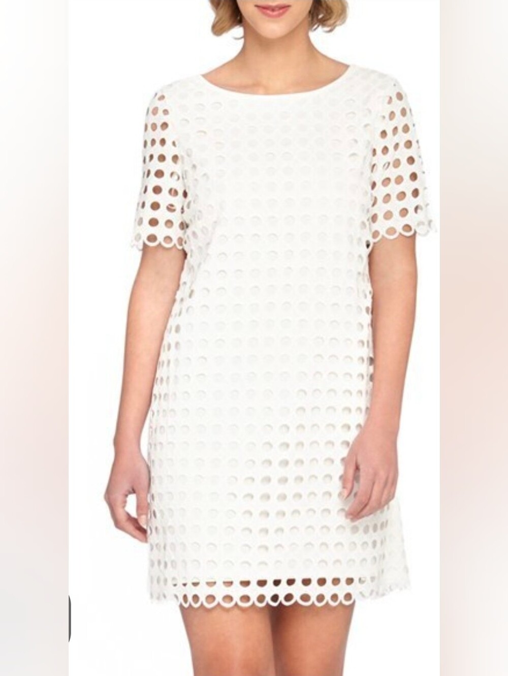 Tahari Arthur S Levine White Circle Eyelet Short Sleeve Shift Dress Size 2 *